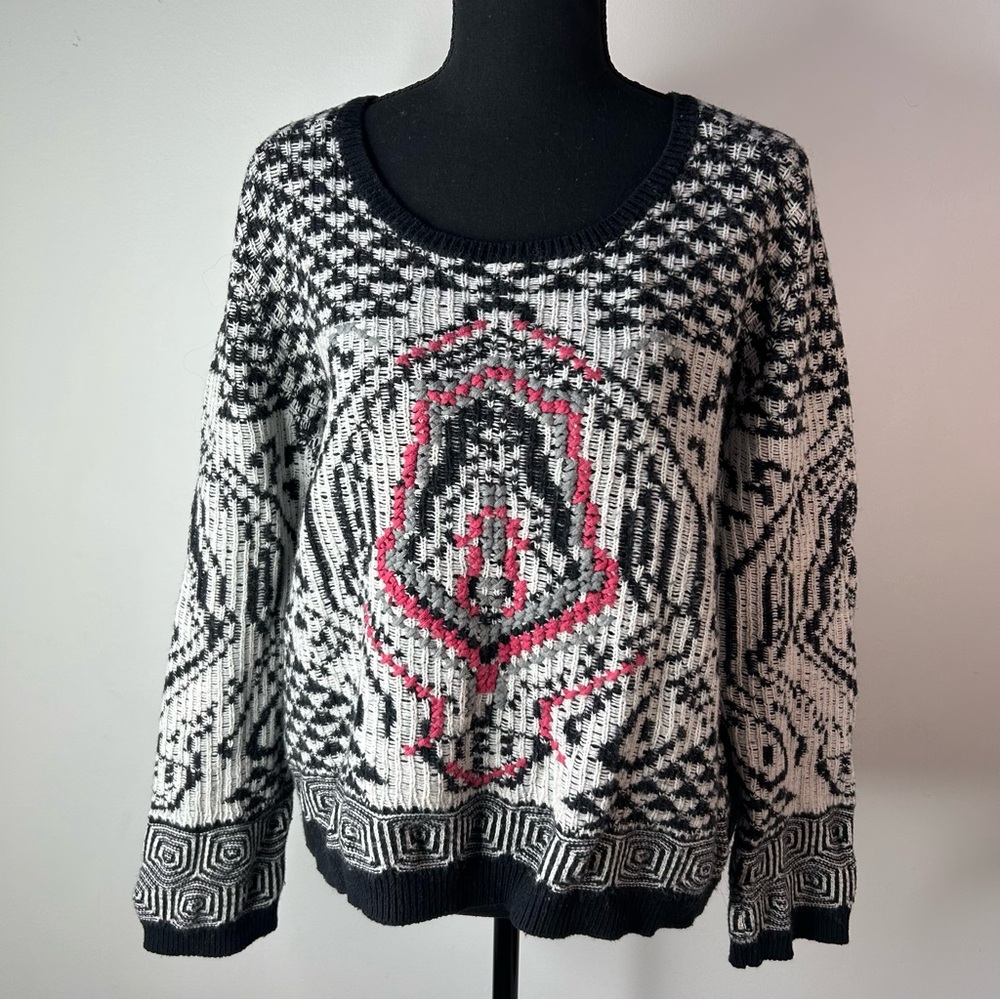 90's Vintage Knitted Black, White, with bits of Pink and Grey Sweater